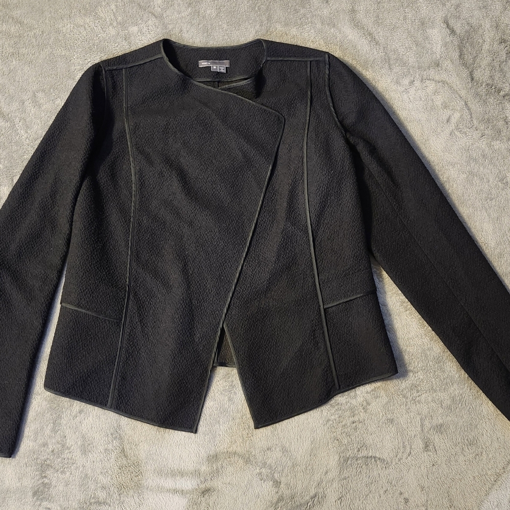 Vince Slate Black Open Front  Pebbled Boucle Asymmetric Cotton Blend Jacket Med